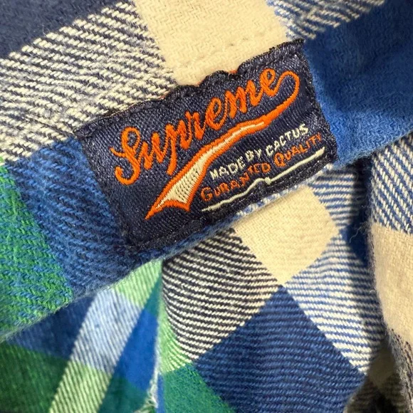 Supreme Flannel Button Shirt Mens Medium Green Blue Plaid Casual Cotton - Picture 9 of 9